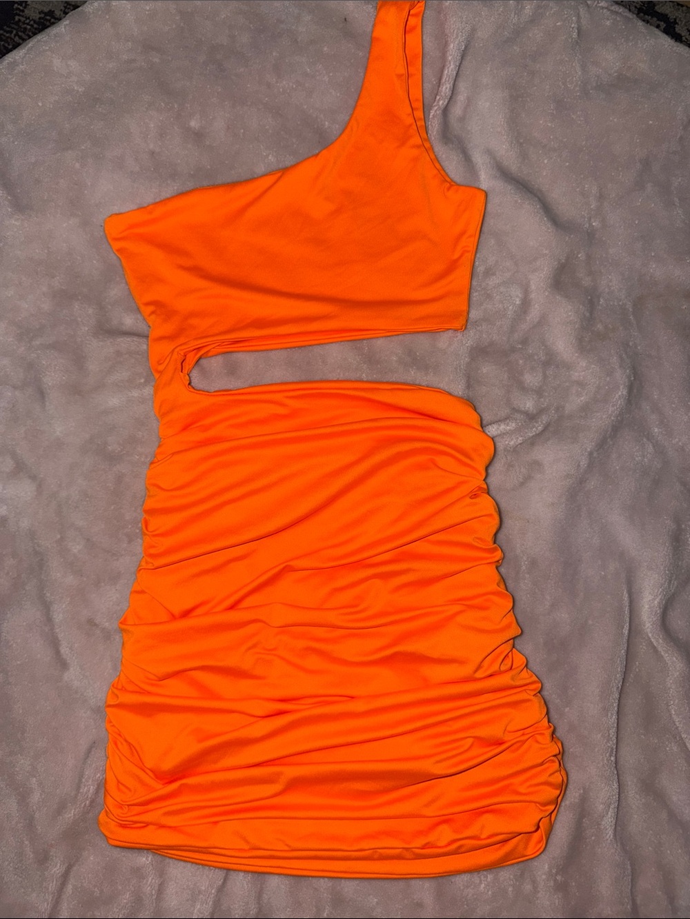 SHEIN Neon Orange One-Shoulder Cutout Ruched Mini Dress